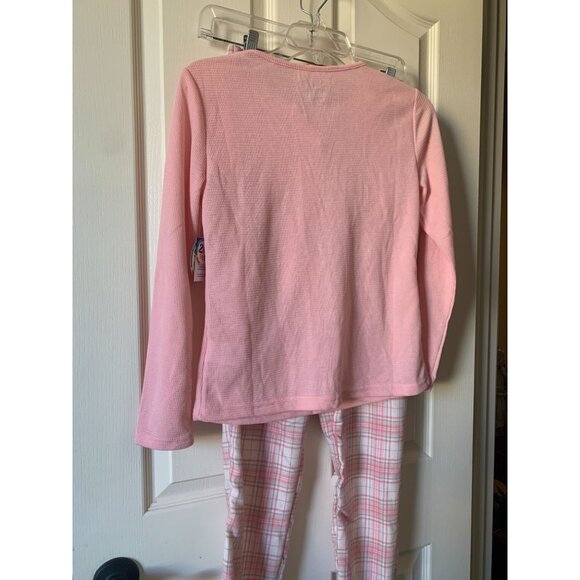 Girls Pink Thermal Pajama Set With Plaid Pants & Bow Accent - Picture 7 of 7